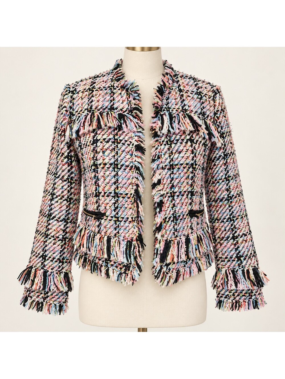LKNW HALOGEN tweed colorful fringe open blazer short unique and fun S